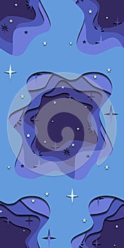 Seamless pattern with abstract illustration of night sky with 3d element cut out of paper.