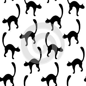 Seamless pattern of abstract image of black cat silhouette. Happy National Black Cat Day. Vector