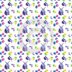 Seamless pattern of abstract multicolor and blue Bunny, pink bow and colorful Easter eggs. Watercolor illustration isolated on
