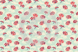 Seamless pattern with abstract orange flowers. Vector hand-drawn trendy ditsy flowers. Retro seamless mint background.