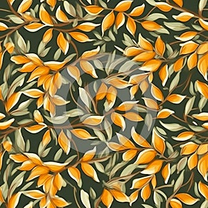 Seamless pattern abstract organic design of green and orange leaves on dark green background.