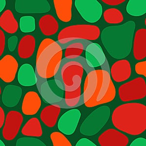 Seamless pattern abstract organic green red shapes Terrazzo mosaic style. Contemporary geometric repeating Christmas background.