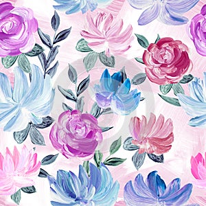 Seamless pattern of abstract painting blue and pink flowers, original hand drawn, impressionism style, color texture, brush