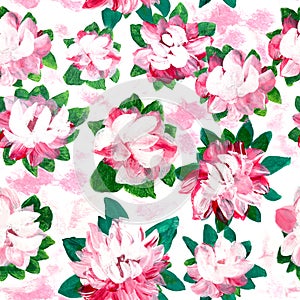Seamless pattern of abstract painting pink flowers, original hand drawn, impressionism style, color texture, brush strokes of