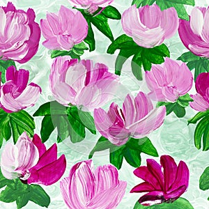Seamless pattern of abstract painting pink flowers, original hand drawn, impressionism style, color texture, brush strokes of