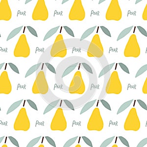 Seamless pattern with Abstract pear fruit and leaves, childish hand drawn doodle sketch background. Flat vector