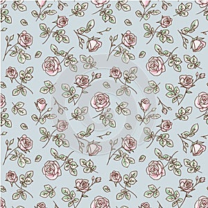 Seamless pattern with abstract pink garden roses, buds and leaves silhouette. Blue background with blossoming  flowers.