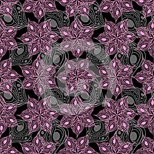 seamless pattern of abstract pink gray graphic elements on a black background
