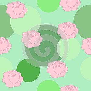 Seamless pattern abstract pink roses, green circles shape. Blooming waterlily repeat print in pastel colors, vector eps 10