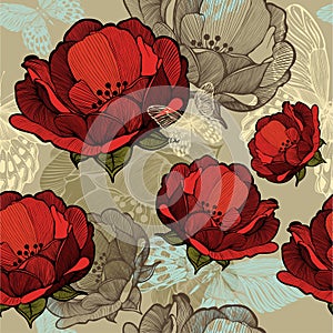 Seamless pattern with abstract red flowers. Vector illustration.