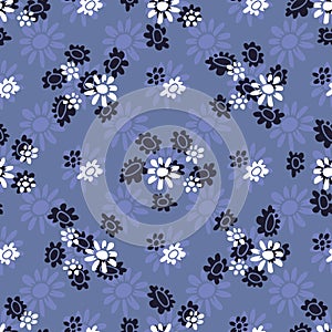 Seamless pattern with abstract retro wild flower blooms on blue background