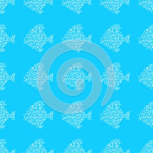 Seamless pattern of abstract sea fish isolated on blue background. Hand drawn seamless illustration. Outline