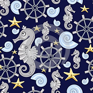 Seamless pattern of abstract sea horses, starfish, shell, steering wheel. Fantastic mechanical metal sea creatures on dark