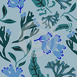 Seamless pattern with abstract seaweed. Hand drawn repeat background. Flat style illustration.