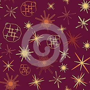 Seamless pattern with abstract snowflakes, stars and Christmas decorations. Decorative pattern for festive wrappers