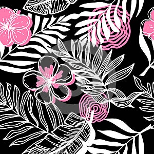 Seamless pattern of abstract tropical elements hand-drawn in sketch style. Monochrome with red spots. Bright strelitia