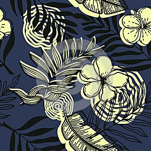 Seamless pattern of abstract tropical elements hand-drawn in sketch style. Monochrome with spots. Bright strelitia