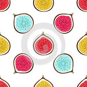 Seamless pattern with abstract varicoloured halves figs. Healthy dessert. Fruity repeating background. Hand drawn fruits