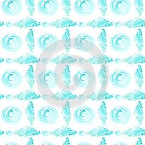 Seamless pattern Abstract watercolor brush blue circle shape elements on white background. Spot of painted watercolor