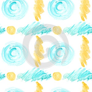 Seamless pattern Abstract watercolor brush blue and yellow circle shape elements on white background. Spot of painted