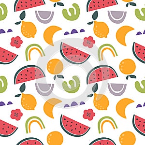 Seamless pattern with abstract watermelons and deco elements. Print for fabric, children`s clothing, packaging and decor. Vector i