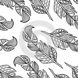 Seamless pattern with abstract zenart style feathers, coloring page