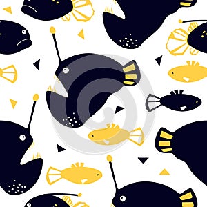 Seamless pattern with abyssal sea animal - angler fish. photo