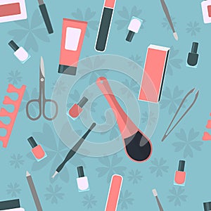 Seamless pattern with accessories and tools for manicure and pedicure