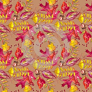 Seamless pattern with acorns and autumn oak leaves in Orange, Beige, Brown and Yellow. Perfect for wallpaper, gift paper