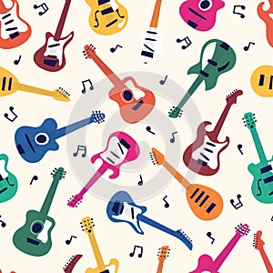 Seamless pattern of acoustic and electric guitars on light background. String musical instruments on cute flat cartoon