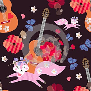 Seamless pattern with acoustic guitars, funny pink foxes, blue butterflies, hearts and red poppies on black background. Print