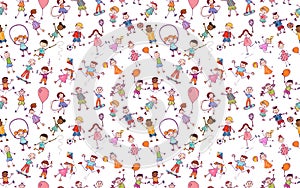 Seamless pattern active and joyful multicultural cute funny kids drawn in doodle style playing and jumping. Hand draw sketch