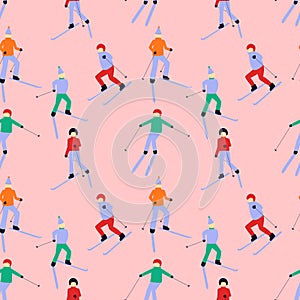 Seamless pattern with active skiing people wearing winter clothes