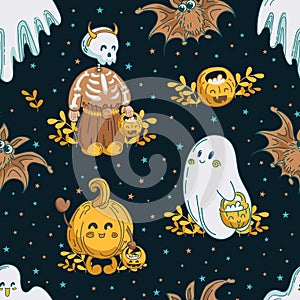 Seamless pattern, adorable Halloween characters. Cute ghosts, a skeleton, a pumpkin and a bat are caroling. Trick or