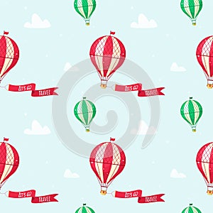 Seamless pattern with aerostats in the sky and clouds. Let`s go travel.Vector pattern. photo