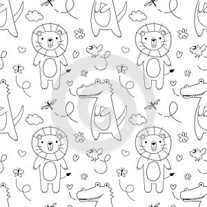 seamless pattern with African animals crocodile and lion in Scandinavian style doodle vector illustration. Cute vector