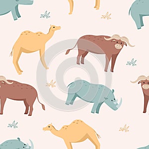 Seamless pattern African animals wallpaper for kids with cute funny cartoon animals