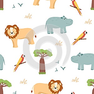 Seamless pattern African animals wallpaper for kids with cute funny cartoon animals.