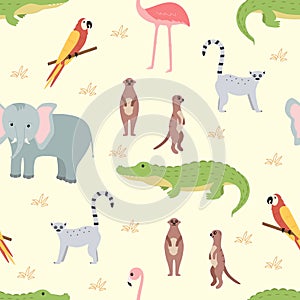 Seamless pattern African animals wallpaper for kids with cute funny cartoon animals.