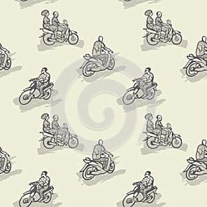 Seamless pattern with African motorcycles and drivers in traditional clothes