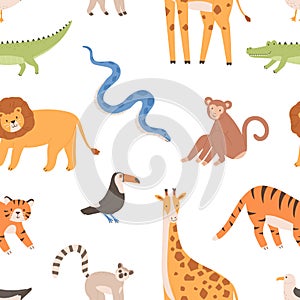 Seamless pattern with African wild tropical animals. Endless repeatable backdrop with monkey, tiger, lion, crocodile