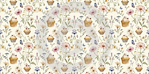 Seamless pattern, afternoon tea cupcakes and small flowers, AI