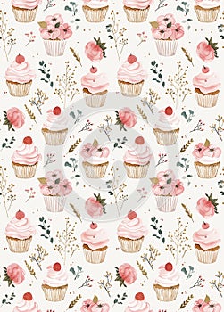 Seamless pattern, afternoon tea cupcakes and flowers, watercolorAI