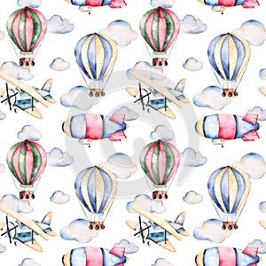 Seamless pattern with air balloons,airship,clouds and the plane in pastel colors.