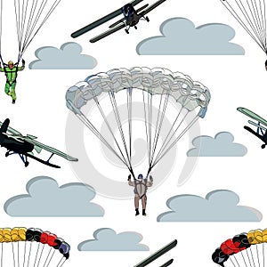 Seamless pattern of airplane figures, skydivers and clouds on white background