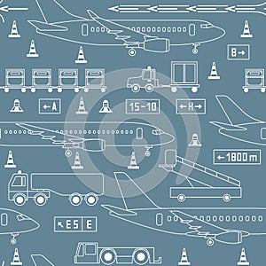 Seamless pattern with airplanes, airport vehicles on gray background