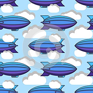 Seamless pattern with airships and clouds. Flat style vector illustration