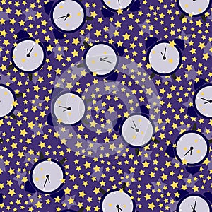 seamless pattern of alarm clock and stars on a dark background. vector illustration