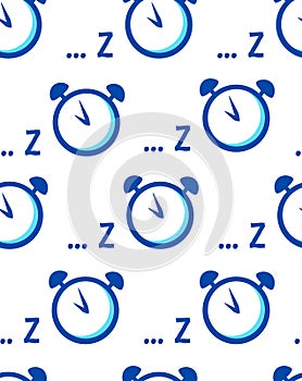 Seamless pattern with alarm clock and symbol of sleep on white background.