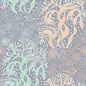 Seamless pattern with algae and seashells